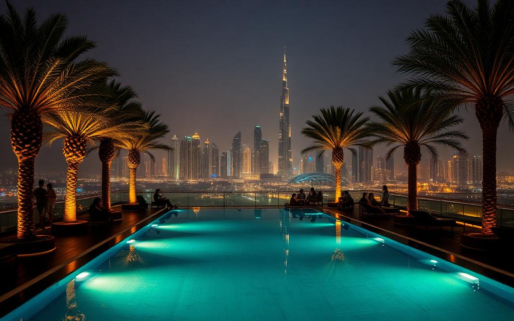 Nightlife rooftop venue with city skyline